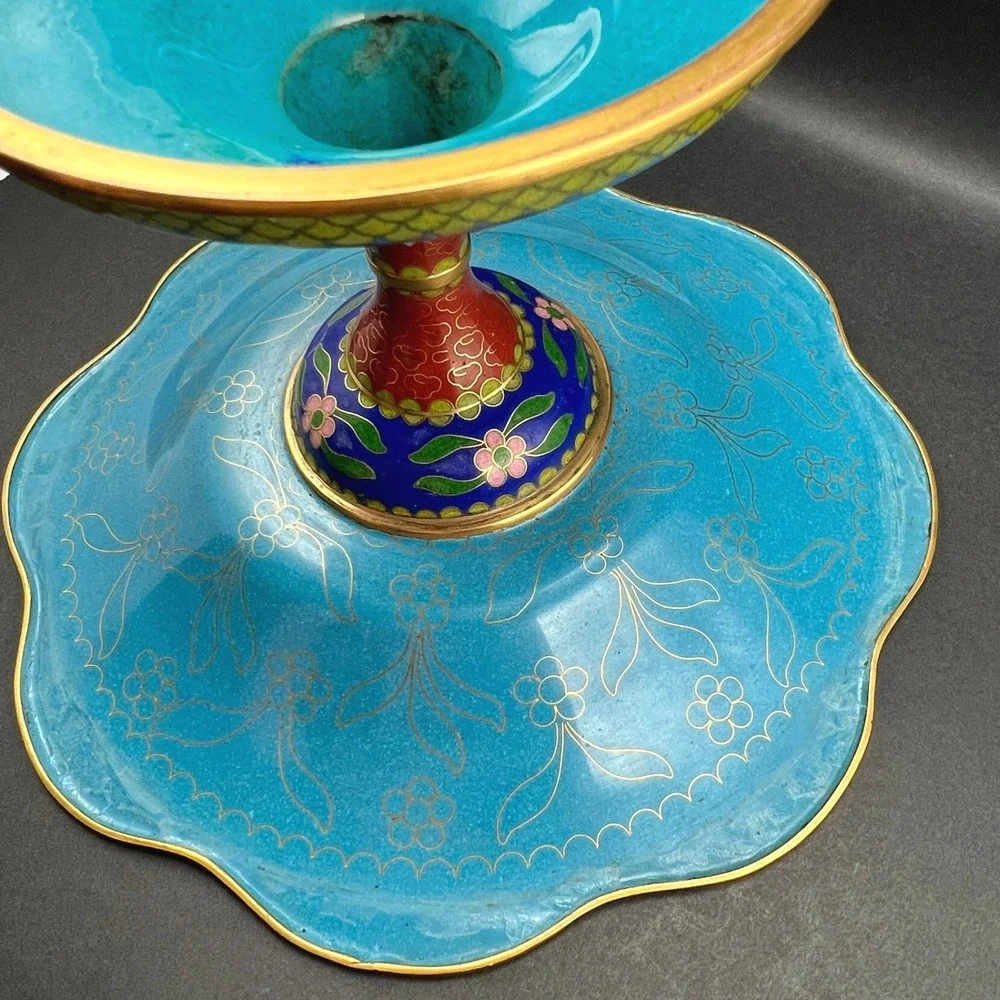 Vintage Cloisonne Footed Compote Dish Blue Floral Scalloped 10